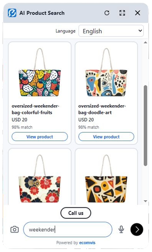 Mobile AI product search widget showing four matching products